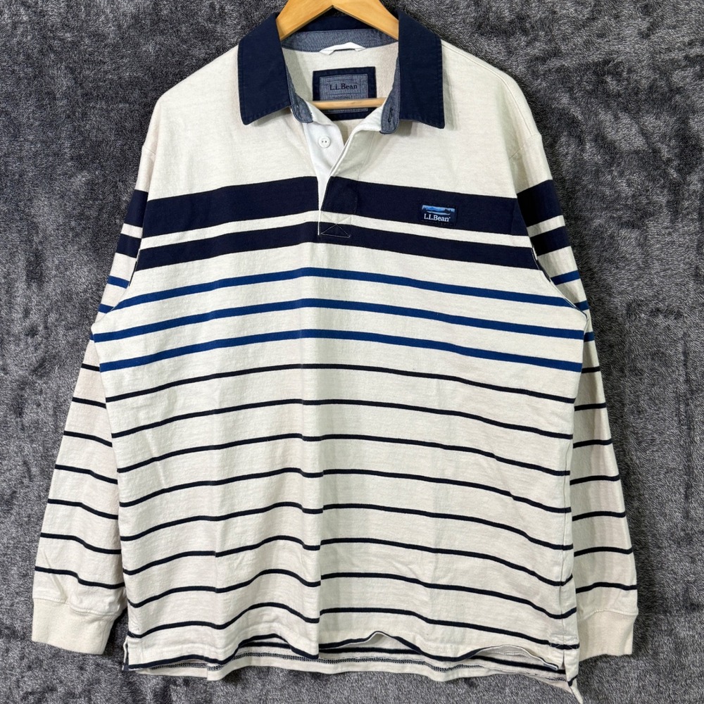 LL Bean Mens Rugby Polo Shirt XL Long Sleeve Cream Navy Blue‎ Striped Preppy Ivy